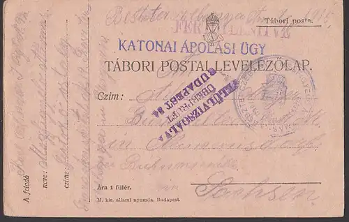 Tabori posta Feldpostkarte mit Zensur Budapest "Überprüft" katonai apolasi ügy, 1915