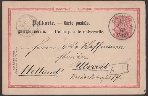 Aachen 10 Pf  Ganzsachenkarte nach Utrecht Holland 24.11.1887