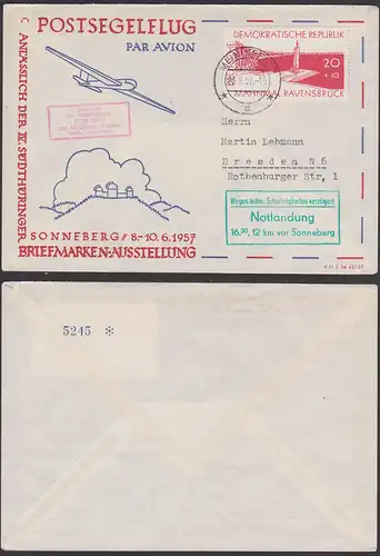 Postsegelflug offizieller Umschlag Meiningen grüner Notlandungsstempel 12 km vor Sonneberg 1957