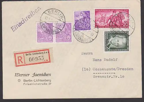 Berlin-Lichtenberg, Ferdinand von Schill, G.E. Lessing, 15.2.54, 1 Pf Überfr. DDR 15 Pf. 5-Jahrplan I und II, R-Brief