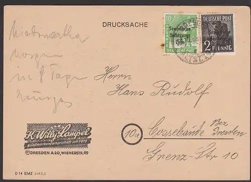 SBZ Fernkarte mit Aufdruck auf Einheitsausgabe II Briefmarkenfachgeschaäft Willy Lampel Dresden, sowj. Besatzungszone