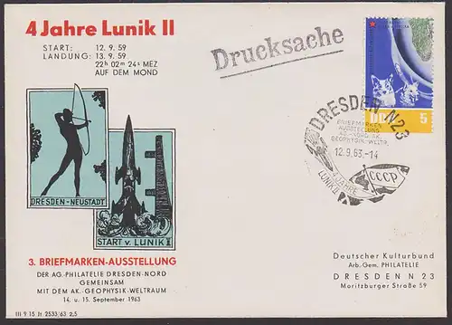 DRESDEN  4 Jahre Lunik II Cachet "Landung 13.9.59" in rot, SSt. Dresden 1963 Drucksache 5 Pf Belka u. Strelka