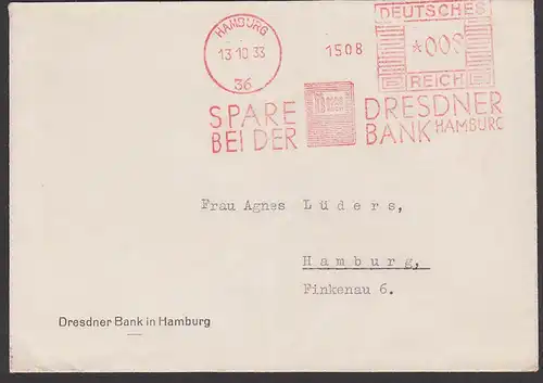 DR AFS 1933 Dresdner Bank in hamburg "Spare bei der Dresdner Bank" Ortsbrief Hamburg 36