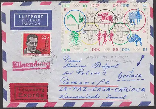 Olympische Spiele Tokio Zdr.  Luftpost-Eil-Sdg. rs. Eingangstempel, aus Dresden nach Tennerifa Kanarische Inseln 1964