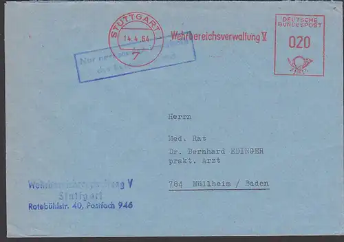 Stuttgart 1 AFS 1964 Wehrbereichsverwaltung V, "Nur nachsenden innerhalb des Bundesgebietes"