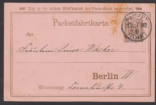 Berlin GA Packetfahrtkarte 1892  - nur in die rothen Briefkasten der Packetfahrt zu werfen!