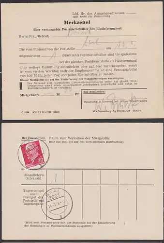 SAAL DDR 935 30 Pf Walter Ulbricht,  Gebühr für verausgabte Postmietbehälter - Merkzettel 1974 DDR intern