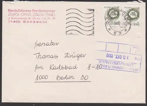 Szczecin Settin  Brief nach Berlin mit geschnittenen  Marken Porto 4.000 Zl. an Senatsverwaltung Jugend