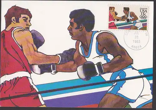 MC Boxen maxkarte the original artwork by Robert Peak, poststamp 1984 olympics south bend Indiana, stamp USA