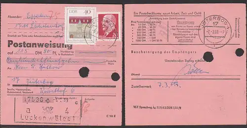 Luckenwalde Postanweisung 1969 mit 40 Pf. Haus zum Stockfisch Erfurt