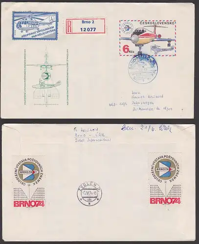 Brno 2 Ceskoslovensko R-Brief Helicopter Flug GA-Umschlag mit SSt. Luftpostbrief 1974