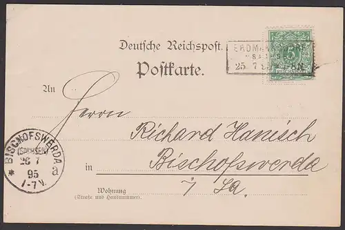 Erdmannsdorf  Sachsen 1895 Postkarte aus Kunnersdorf A. Schreiber nach Bischofswerda R3