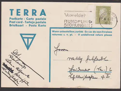 Werbeeindruck TERRA 8 Pf. Ebert Randstück auf Karte aus Berlin O17, MWSt. Vermeidet Rundfunkstörungen