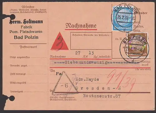 Bad Polzin PoÅ‚czyn-Zdrój Nachnahmekarte mit 20 und 3 Pf. Hindenburg Pommersche Fleischwaren, 20 Pf. Zahnfehler