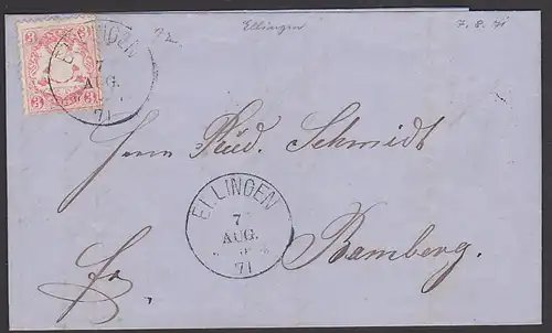 ELLINGEN  3 Kreuzer Bayern auf Faltbrief mit Text 1871 nach Bamberg