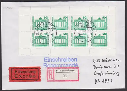 Brandenburger Tor Berlin Eil-R-Bf Sonneberg  (219) mit MHBl. 21 portogenau aus Sonneberg, rs. Eing.-St.