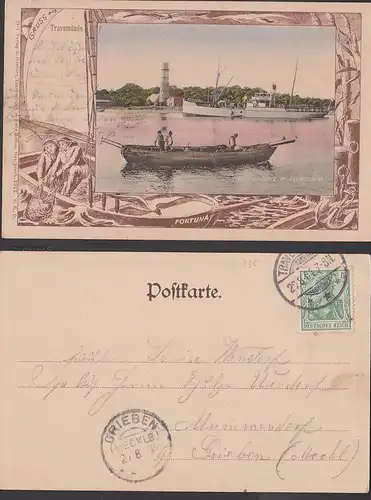 Travemünde Gruss aus..  Hafeneinfahrt mitz Leuchtturm  1904, Verlag G. Gärtner CAK, Goldherz im Netz Fortuna Lübeck