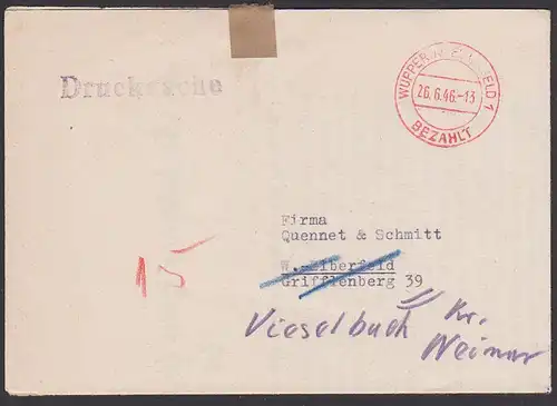 Wuppertal-Elberfeld Barfrankatur 1946 "Gebühr bezahlt" - Stempel , Ds mit Inhalt betr. "Bildung der Arbeitgeberverbände"