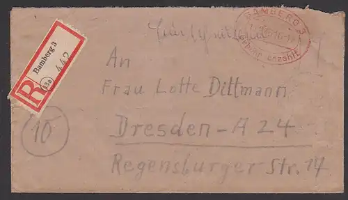 BAMBERG 3 Barfrankatur 1946 "Gebühr bezahlt" - Stempel  R-Brief nach Dresden