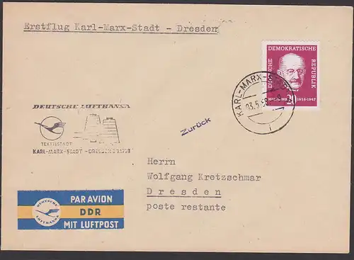 Erstflug Deutsche Lufthansa Karl-Marx-Stadt - Dresden 1958, Textilstadt Spindel Kranich -zurück-Stempel