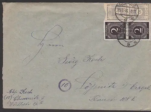 Chemnitz 13.7.46 Fernbrief 10 Pf Ostsachsen und 2 Pf  Ziffern je 2 mal, portogenau, MiF