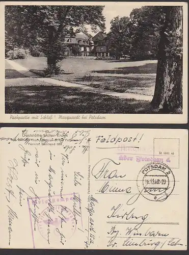 Marquardt üb. Potsdam "Gaststätte Alter Krug"  1940 Feldpostkarte , Parkpartie mit Schloss
