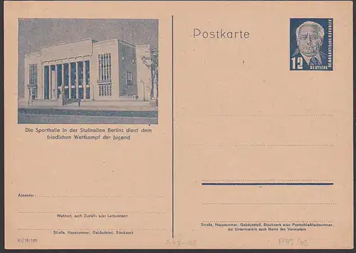 Bildpostkarte GA Wilhelm Pieck P47/05 Sporthalle Berlin Stalinallee ungebraucht