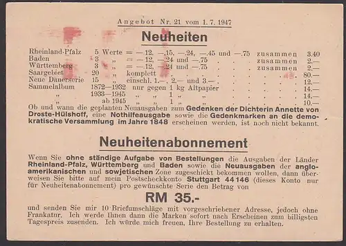 PP-GA Frankfurt Main 5 Pf. GA Ziffer mit Postfreist. 1 Pf auf Drucksachen-Fernpostkarten-Gebühr 1947, Gross-Bieberau