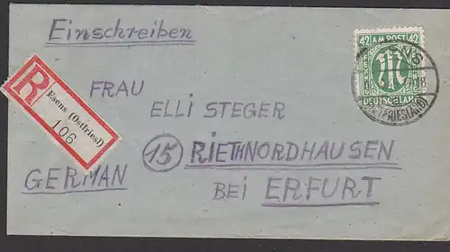 ESENS Ostfriesland  42 Pf AMP auf R-Brief, Abs. Kriegslazarett 4/614 (Schule) 30.10.1945