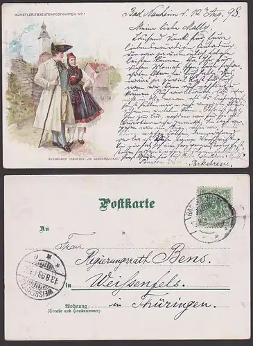 Künstler-Trachtenpostkarte Nr. 1von 1898 Schwälmer Trachten im Sonntagsstaat gest. Bad Nauheim