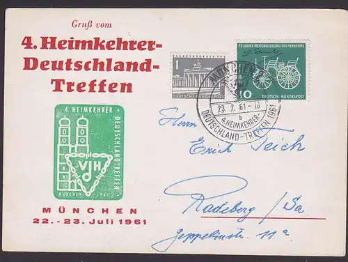 Heimkehrer - Deutschland-Treffen München 1961 Sonderkarte mit 1 Pf  Berlin Brandenburger Tor für Verbundenheit gespendet
