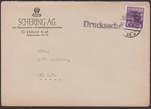 Berlin N65, Berlin-Vorläufer 6 Pf. SBZ-Audruck MiNr. 183, Drucksache Schering Pflanzenschutz