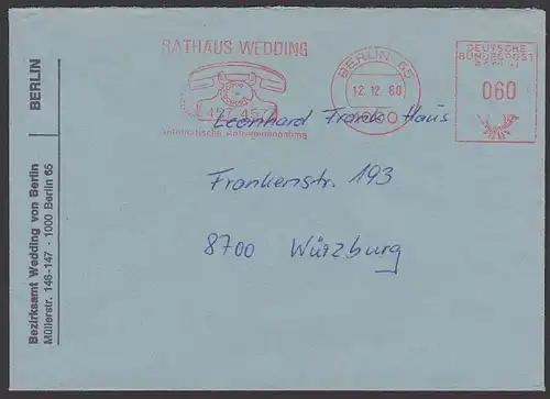 BERLIN 65, Rathaus Wedding AFS 1956 Telefon mit Wählerscheibe automatische Anfragenannahme