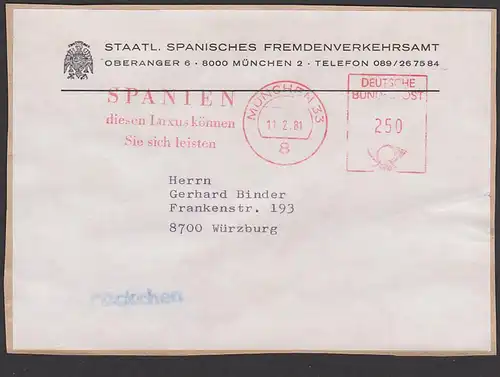 MÜNCHEN 33, Absender-Freistempel 1981 Porto 2,50 Päckchen-Adresse Staatl. Spanisches Frendenverkehrsamt