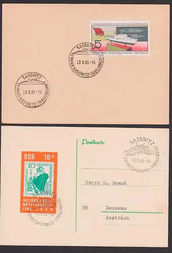 Sassnitz - Trelleborg Fähre 2 versch. Stempel 1961, 1968 je auf Unterlage mit passenden Motivmarken
