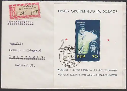 Stapelburg über Wernigerode 70 Pf. 1. Gruppenflug im Kosmos 1963 Popowitsch Nikolajew R-Brief portogenau, DDR-Bl. 17