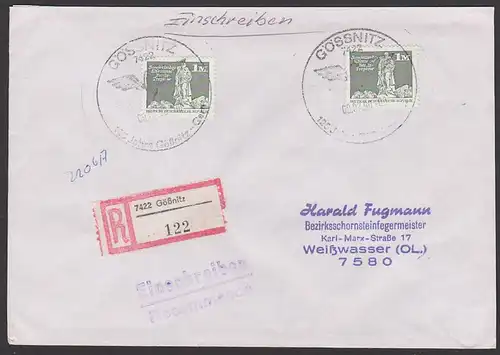 Gössnitz R-Brief SSt. 125 Jahre Gößnitz - Gera Fügelrad, 1 M(2) Sowjetisches Ehrenmal Berlin-Treptow portogenau