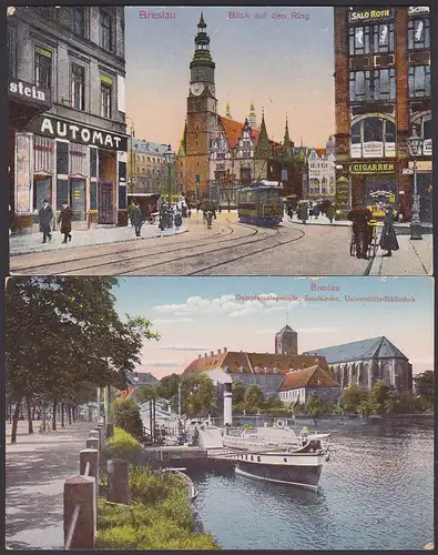 Breslau Wroclaw Blick auf den Ring Straßenbahn 1918, Dampferanlegestelle Sandkirche Uni