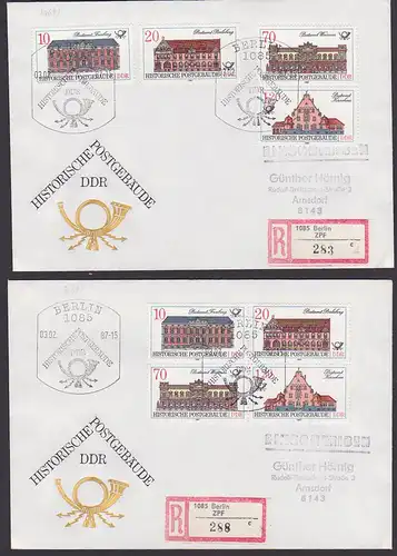 Historische Postgebäude der DDR 1987 FDC R-Briefe mit Zdr. MiNr. 3067/70 Freiberg Perleberg Kirschau