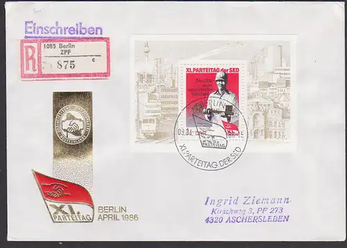 Parteitag der SED 1986 FDC R-Brief MiNr. Block 83 Bauarbeiter übergibt Schlüssel