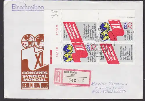 Congres syndical Mondial FDC-R-Brief Mi 3049 Zdr.(2), Weltgewerkschaftskongress 1986