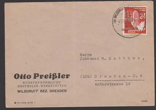 Wilsdruff Werbest. "An der Reichsautobahn" 1951 auf  Fernbrief 24 Pf. Frieden Hand mit Friedenstaube vor Kriegsgräber