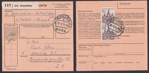 Altenhaßlau Paketkarte mit 80 Pf. Bauwerke Weissenburg MiNr. 461(2),  Altenhasslau