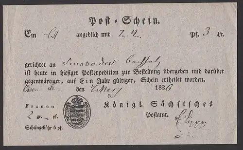 Post-Schein aus Saxonie Sachsen Chemnitz Königlich-Sächsisches Postamt 1836, Scheingebühr 6 pf.