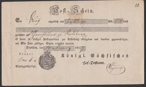 Post-Schein aus Saxonie Sachsen Dresden nach Radeberg, Königlich-Sächsisches Hof-Postamt 1857, Scheingebühr 6 pf.