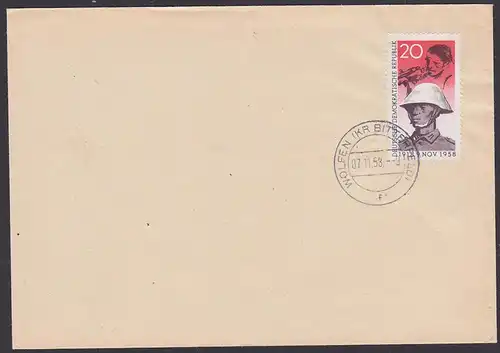 Wolfen (Kr. Bitterfeld), Arbeiter mit Gewehr und Soldat der NVA DDR Novembermarke 1958 MiNr. 662 als FDC Ost.