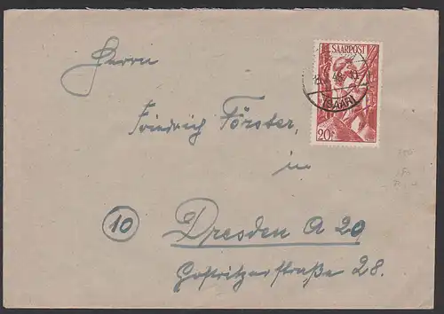 Saarland Gersheim (Saar) 1948 20 Fr, Brief nach Dresden, MiNr. 250, 2 Fr überfrankiert, seltene EF