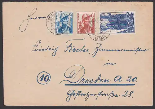 Gersheim (Saar) 1949  9 Fr, Brief nach Dresden, MiNr. 247, u.a. portogenau
