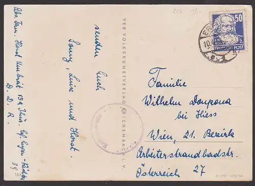 SBZ 50 Pf Köpfe I (MINr. 224), portogenaue Auslandskarte nach Wien Österreich mit Zensur