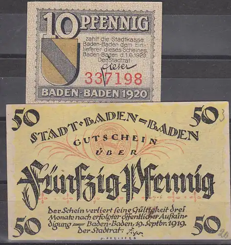 Baden-Baden 1919 Gutschein  der Stadt Stadtkasse 10 Pf und 50 Pf. rs. Abb. Trinkhalle,  und Ortsansicht, gute  Erh. Not